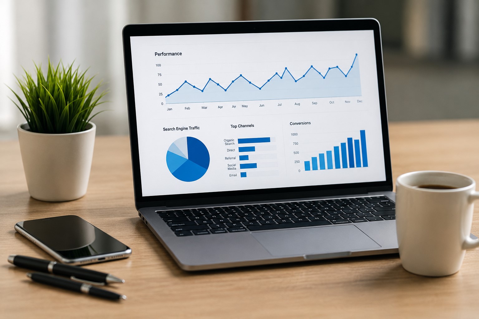 SEO concept with magnifying glass and search engine optimization text