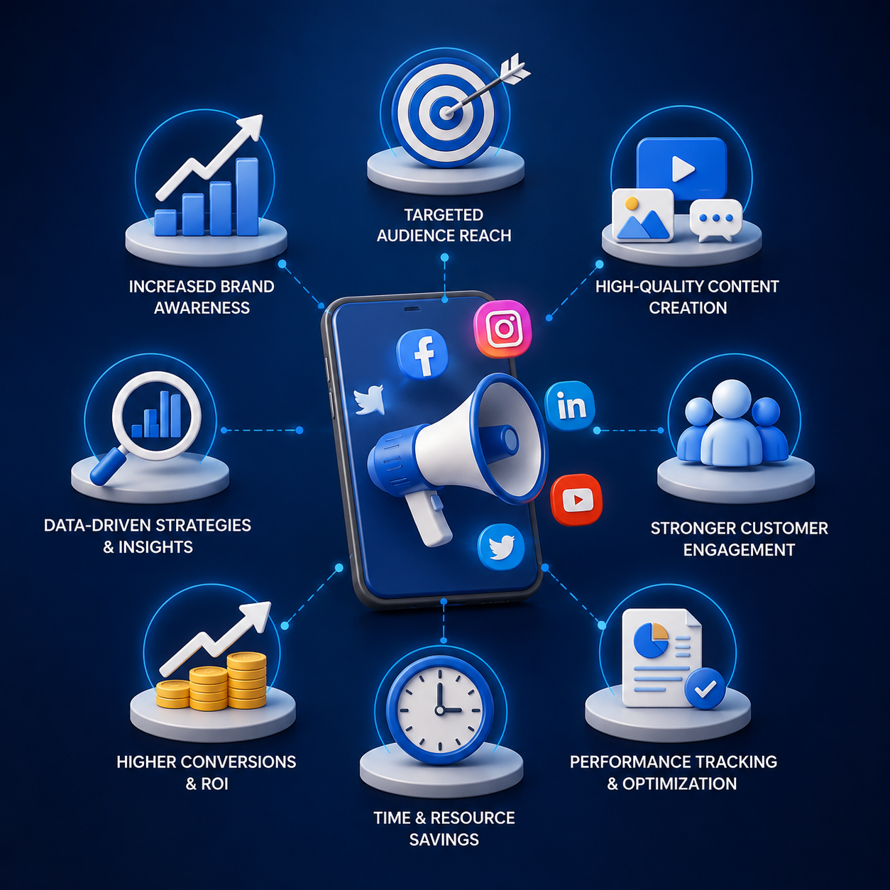 A modern 3D social media marketing illustration featuring a smartphone with a megaphone surrounded by icons representing audience targeting, content creation, customer engagement, brand awareness, analytics, ROI growth, performance tracking, and time savings on a dark blue background.